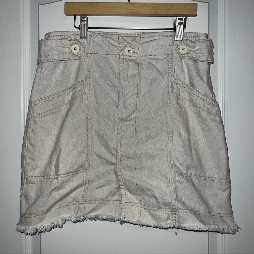 Free People Women Cream Denim Mini Skirt Button Fly Frayed Hem Utility Size 12